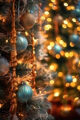 close-up of christmas tree with sparkling lights and ornaments, created with generative ai