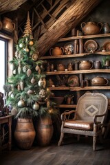 Fototapeta na wymiar christmas tree with handmade ornaments and rustic decor, created with generative ai