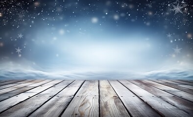Naklejka na ściany i meble An illustration of a beautiful winter snowy blurred defocused blue background with an empty wooden flooring. Flakes of snowfall sparkle in the light. Created with Generative AI technology