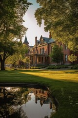Fototapeta premium a college campus with beautiful, old buildings and green lawns, created with generative ai