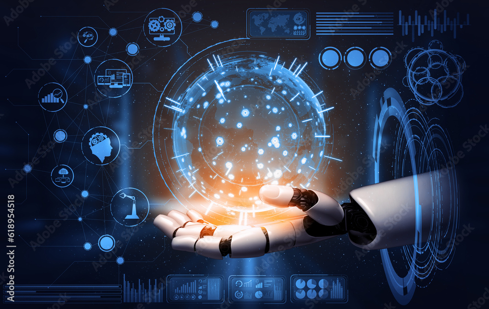 Poster 3d rendering artificial intelligence ai research of robot and cyborg development for future of peopl