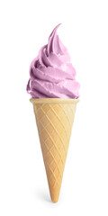 Delicious soft serve berry ice cream in crispy cone isolated on white