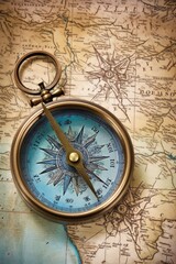 Fototapeta na wymiar vintage brass compass on aged map background, created with generative ai