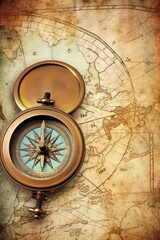 Fototapeta na wymiar vintage brass compass on aged map background, created with generative ai