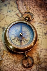 Fototapeta na wymiar vintage brass compass on antique world map, created with generative ai