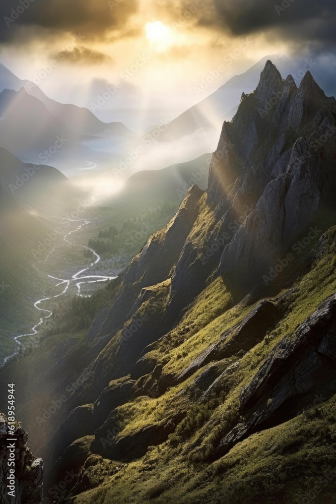 Wall mural misty mountain range with sunrays breaking through, created with generative ai