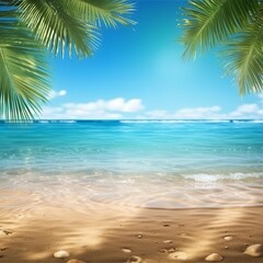 Obraz na płótnie Canvas A summer landscape of a tropical golden beach with palm leaves, soft focus. Golden sand, turquoise sea, blue sky, and white clouds. Created with Generative AI technology