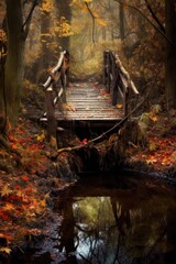 rustic wooden bridge over a leaf-filled creek, created with generative ai