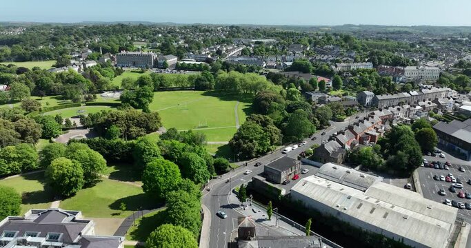 Flying over a beautiful European city in Europe. Waterford Ireland 4k