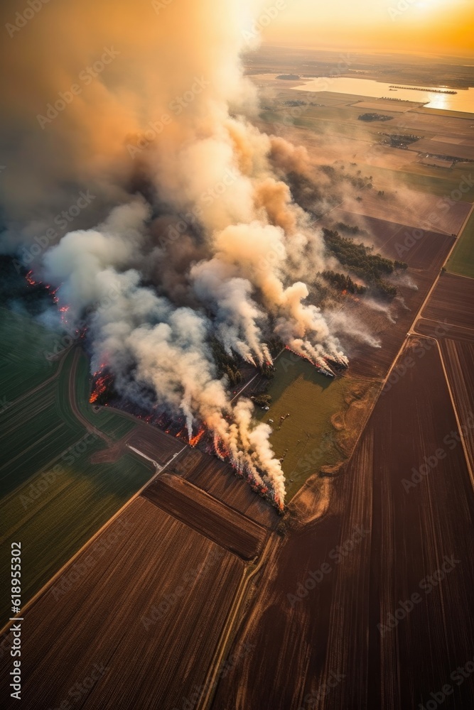 Wall mural aerial view of a burning field with smoke plumes, created with generative ai