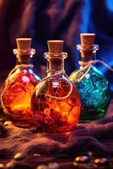 Obraz na płótnie Canvas mysterious potion bottles with colorful liquids, created with generative ai