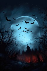 Fototapeta premium bats flying in front of a full moon in night sky, created with generative ai