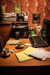 Naklejka premium desk with hr paperwork, laptop, and coffee mug, created with generative ai