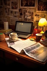 desk with hr paperwork, laptop, and coffee mug, created with generative ai