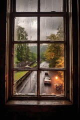 raindrops on window with hurricane view outside, created with generative ai