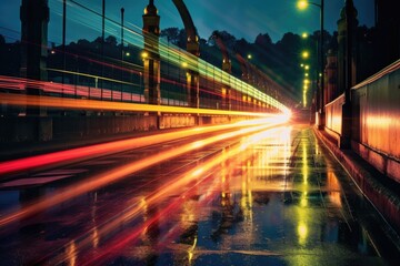 Fototapeta na wymiar light trails from traffic on a bustling bridge, created with generative ai