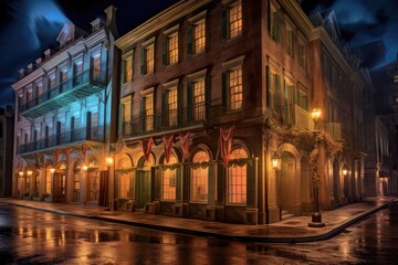 historic city buildings with uplighting, created with generative ai