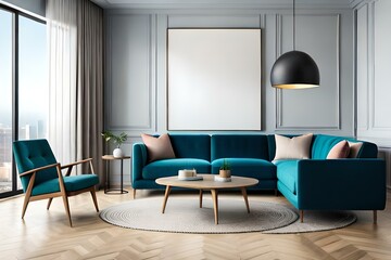 Creative composition of living room interior with mock up poster frame, boucle sofa, big stylish lamp, round rug, wooden coffee table, sideboard, slippers Home decor