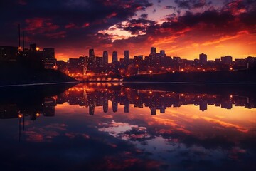 glowing skyline reflecting on calm river, created with generative ai
