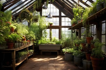 Fototapeta na wymiar greenhouse filled with organic plants and herbs, created with generative ai