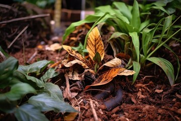 Naklejka premium close-up of compost pile with decomposing leaves, created with generative ai