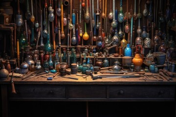 glassblowers tools arranged on a workbench, created with generative ai
