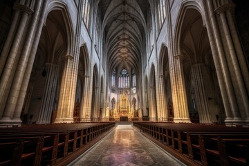 dramatic wide-angle view of a gothic cathedral nave, created with generative ai