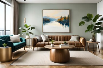 Fototapeta premium Warm and cozy living room interior with brown sofa, wooden coffee table, round pouf, vase with branch, beige sideboard, pitcher, cup, tropical plants, books and personal accessories