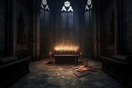 atmospheric view of gothic cathedral crypt with candlelight, created with generative ai