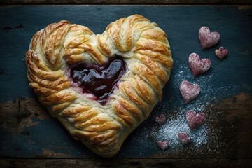 heart-shaped danish pastry with cherry filling and flaky crust, created with generative ai