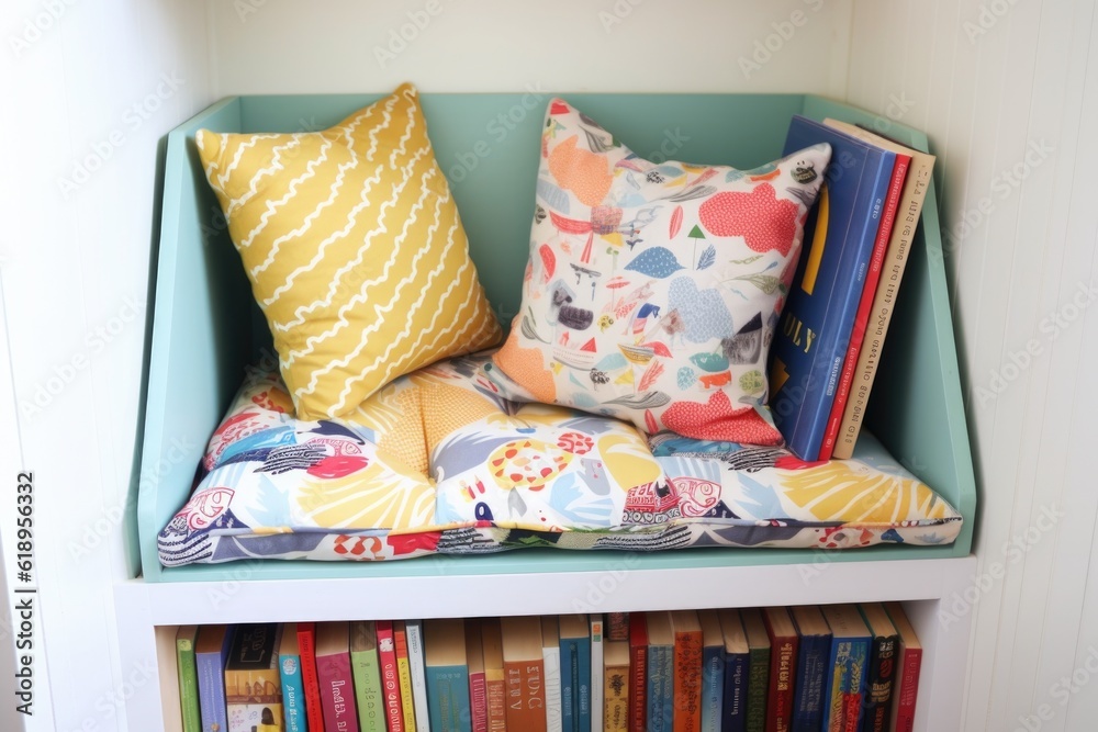 Poster upcycling furniture into a cozy reading nook with bookshelf and pillow for added comfort, created with generative ai