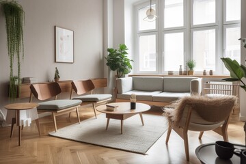 upcycled furniture set in modern living room, with sleek upholstery and minimalist decor, created with generative ai