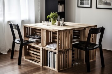 a sleek and modern dining table made from repurposed crates, created with generative ai
