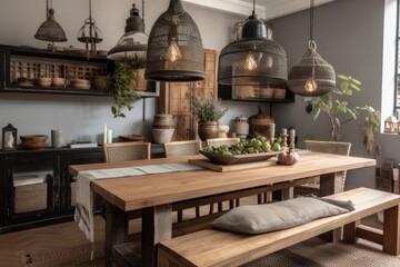 upcycled dining room with rustic farmhouse tables, metal lanterns and woven baskets, created with generative ai