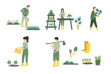 People planting flowers in garden, man and woman gardener s potting plants and veggies isolated flat cartoon set. Vector landscape designers and farming equipment. Spade, water can, flower. Vector