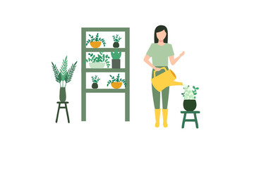 Vector Illustration Home garden. Garden on the balcony. Growing plants: vegetables and herbs at home. Woman is watering plants, caring for greens. Hobby, low-waste lifestyle and eco-friendly thinking.