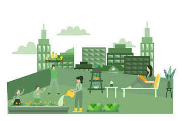 Cartoon Vector Illustration Characters Care of Rooftop Garden Concept. Landscaping Urban Gardening, Building Roof Greening. People Planting Seedlings, Gardeners, Florists on Cityscape Background.