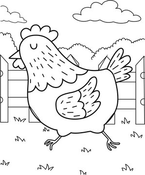 The picture of a chicken in a coop in black and white is great for training children in drawing

