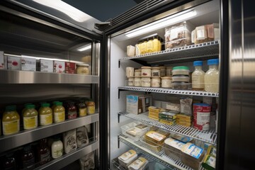 close-up of walk-in refrigerator door, with products and signage visible, created with generative ai
