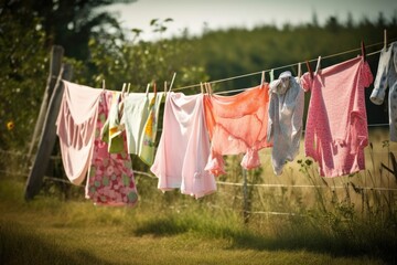 freshly washed clothes, fluttering in the breeze, on a warm summer day, created with generative ai