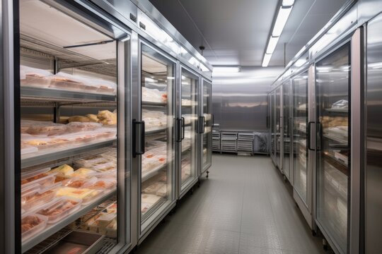 walk-in freezer with variety of frozen foods, including meats and vegetables, created with generative ai