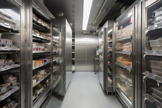 remarkable walk-in freezer, with towering stacks of frozen products and frozen exterior, created with generative ai