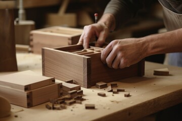 woodworker crafting custom wooden keepsake box, created with generative ai - obrazy, fototapety, plakaty