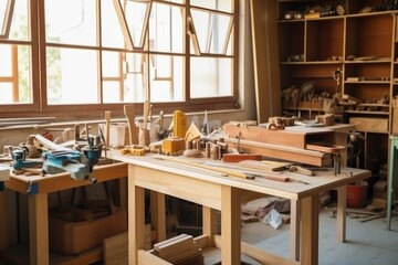 carpentry workshop with various tools and materials for creating custom furniture, created with generative ai