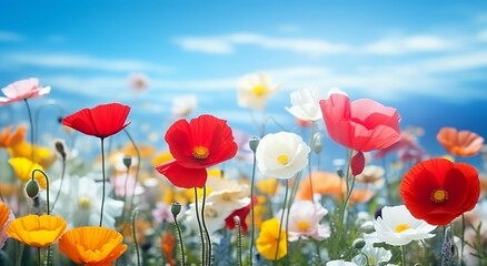 Obraz na płótnie Canvas An illustration of a beautiful spring with a colorful natural flower background featuring red, yellow, and white poppies on a light blue backdrop. Created with Generative AI technology
