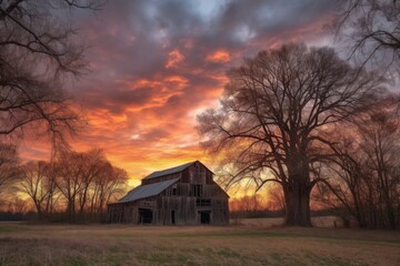 Fototapeta premium barn with towering trees and sunset sky in the background, created with generative ai