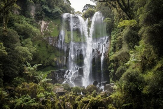 majestic waterfall cascades over towering cliff, surrounded by lush foliage, created with generative ai