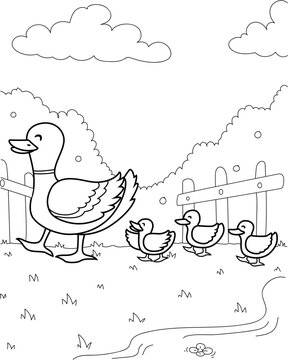 a picture of a duck and its chicks in black and white for drawing practice for children