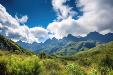 Fototapeta premium majestic mountain range with blue skies and fluffy clouds in the background, created with generative ai