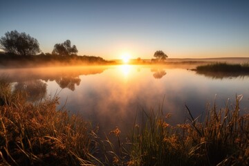 Fototapeta na wymiar sunrise over tranquil lake, with mist rising from the water, created with generative ai